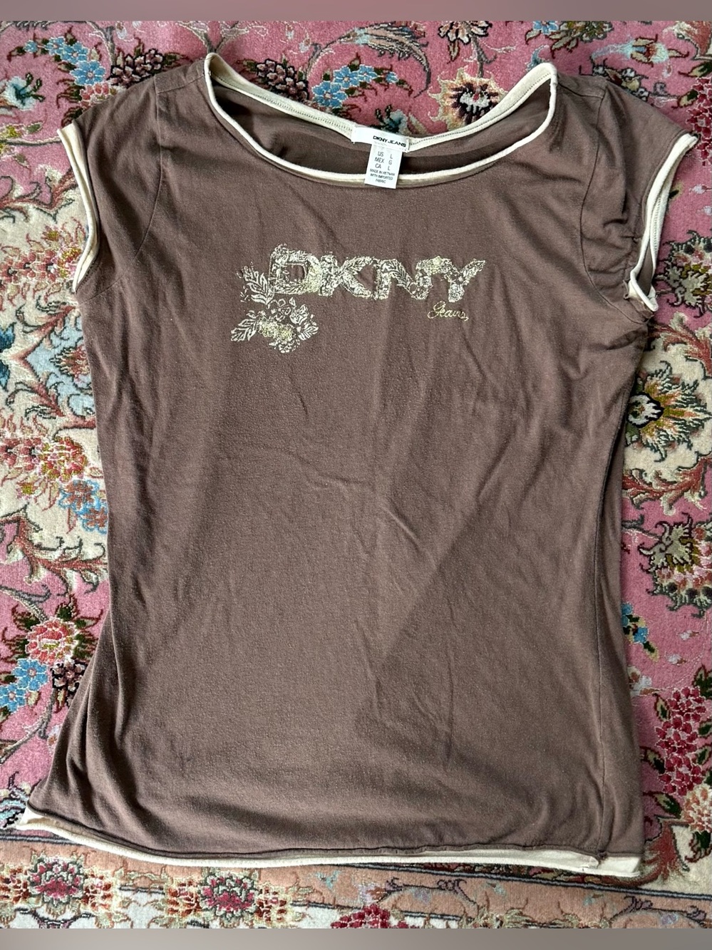 DKNY short sleeves top, L, cotton spandex blended, brown & cream